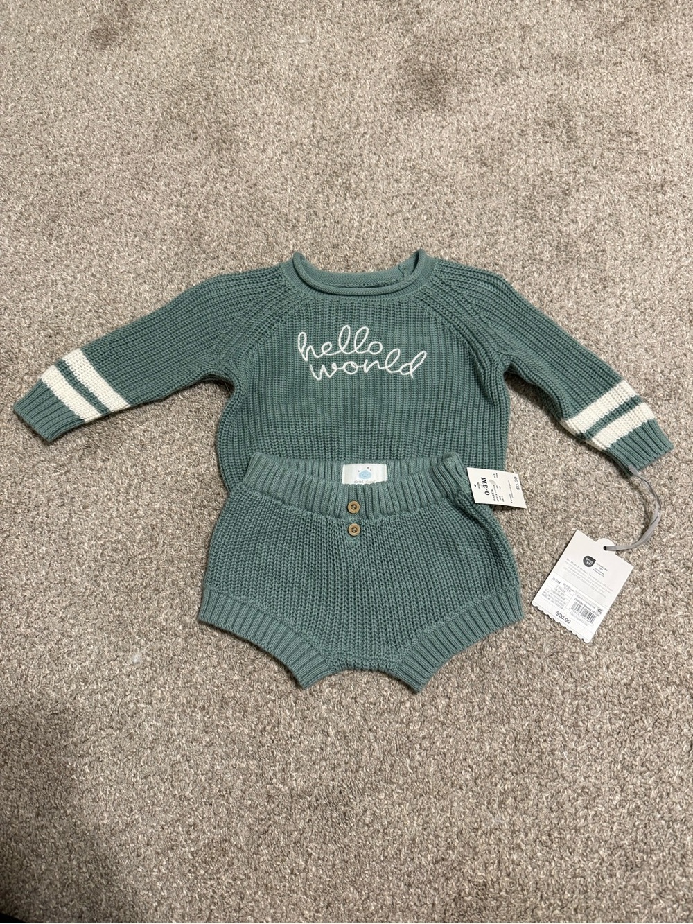 Cat & Jack Sage Green Knit 'Hello World' Baby Set